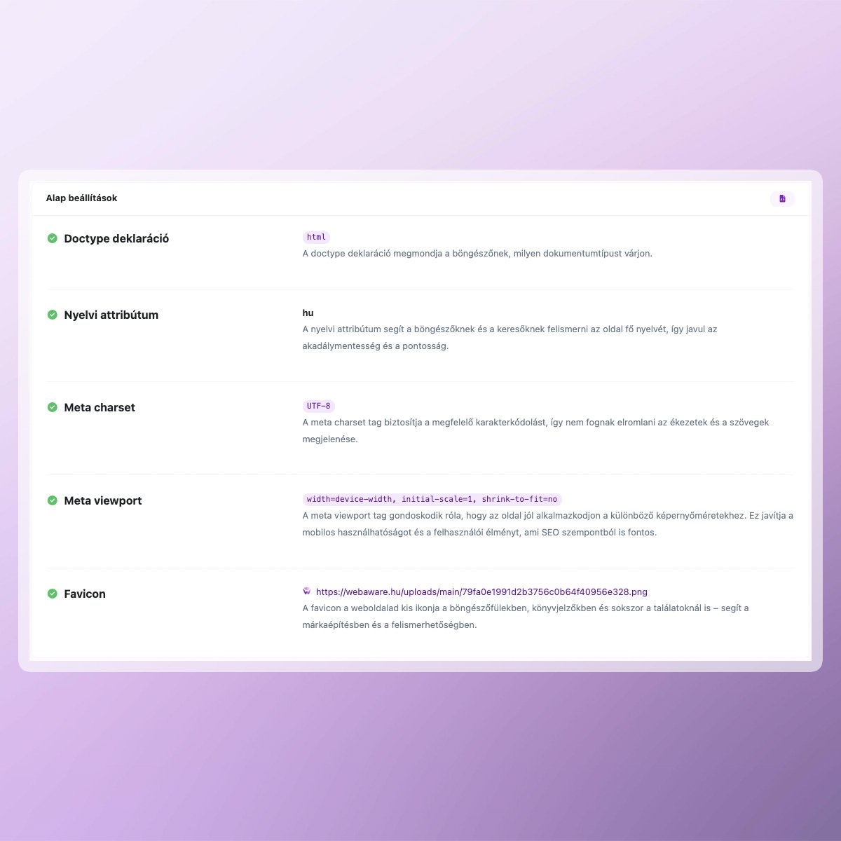 Képernyőkép az audit tesztekről