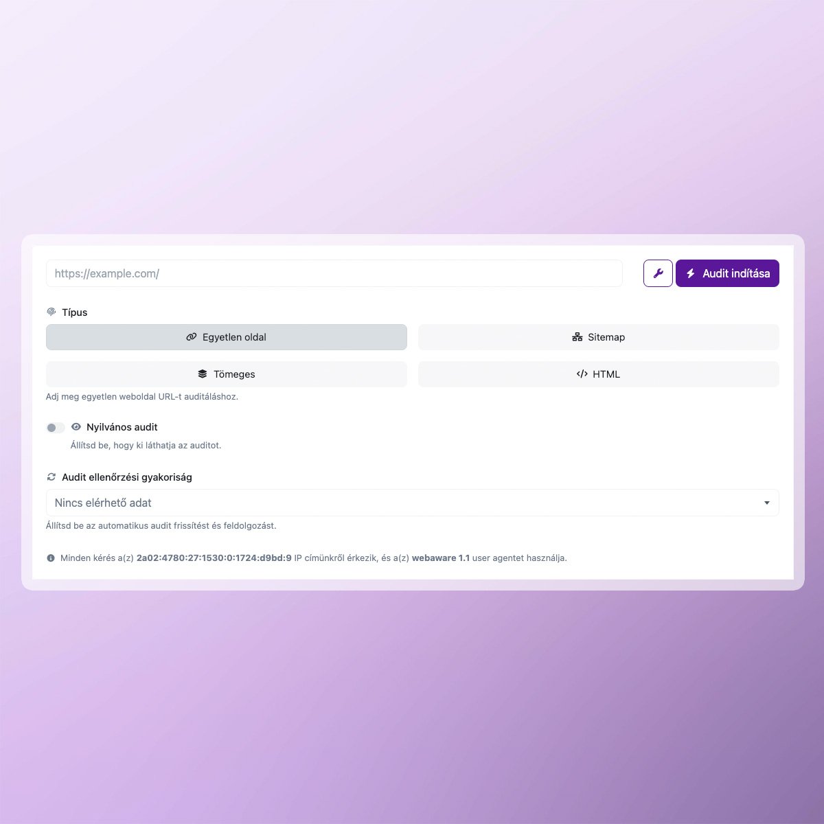 Képernyőkép az audit készítő űrlapról