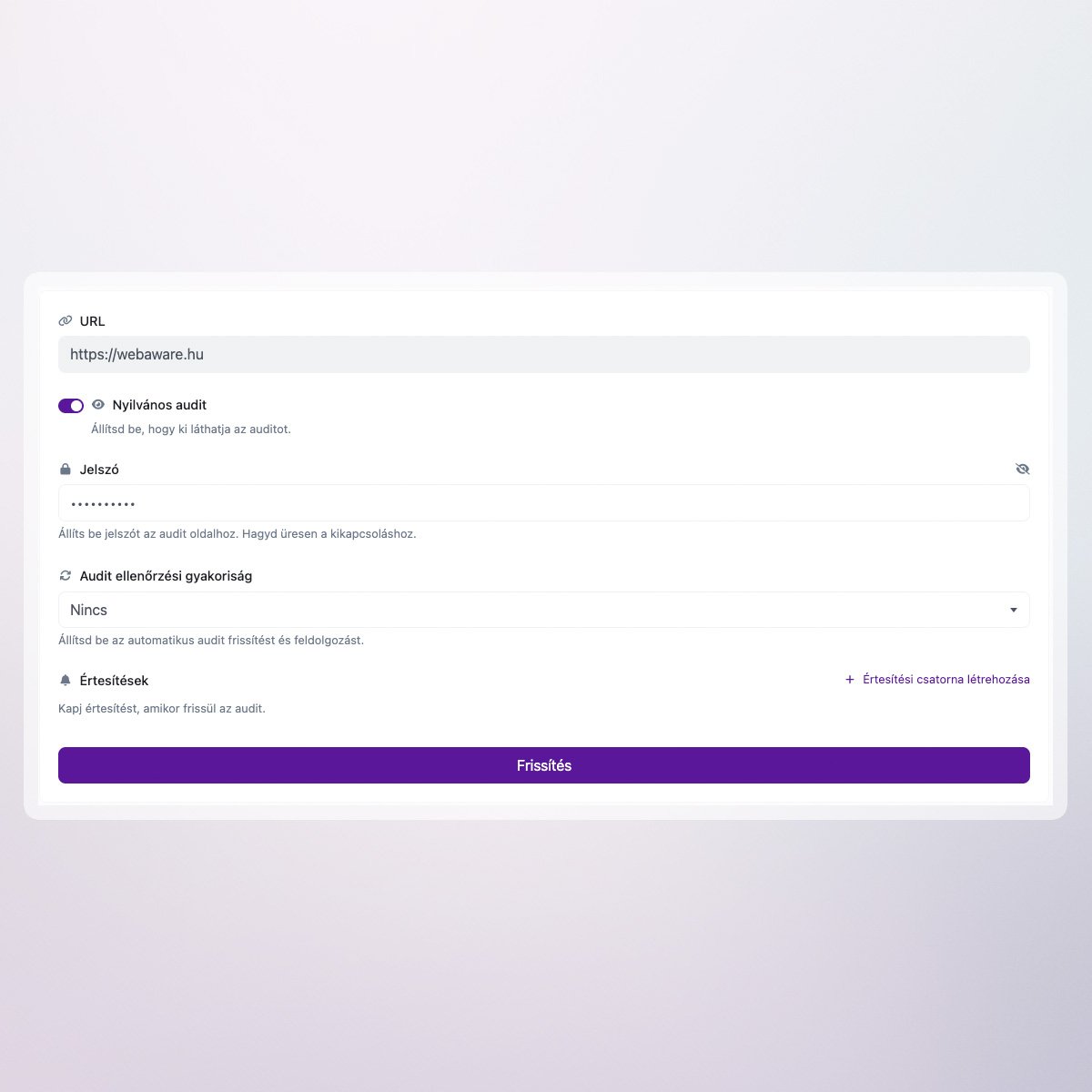 Képernyőkép a jelszavas audit funkcióról